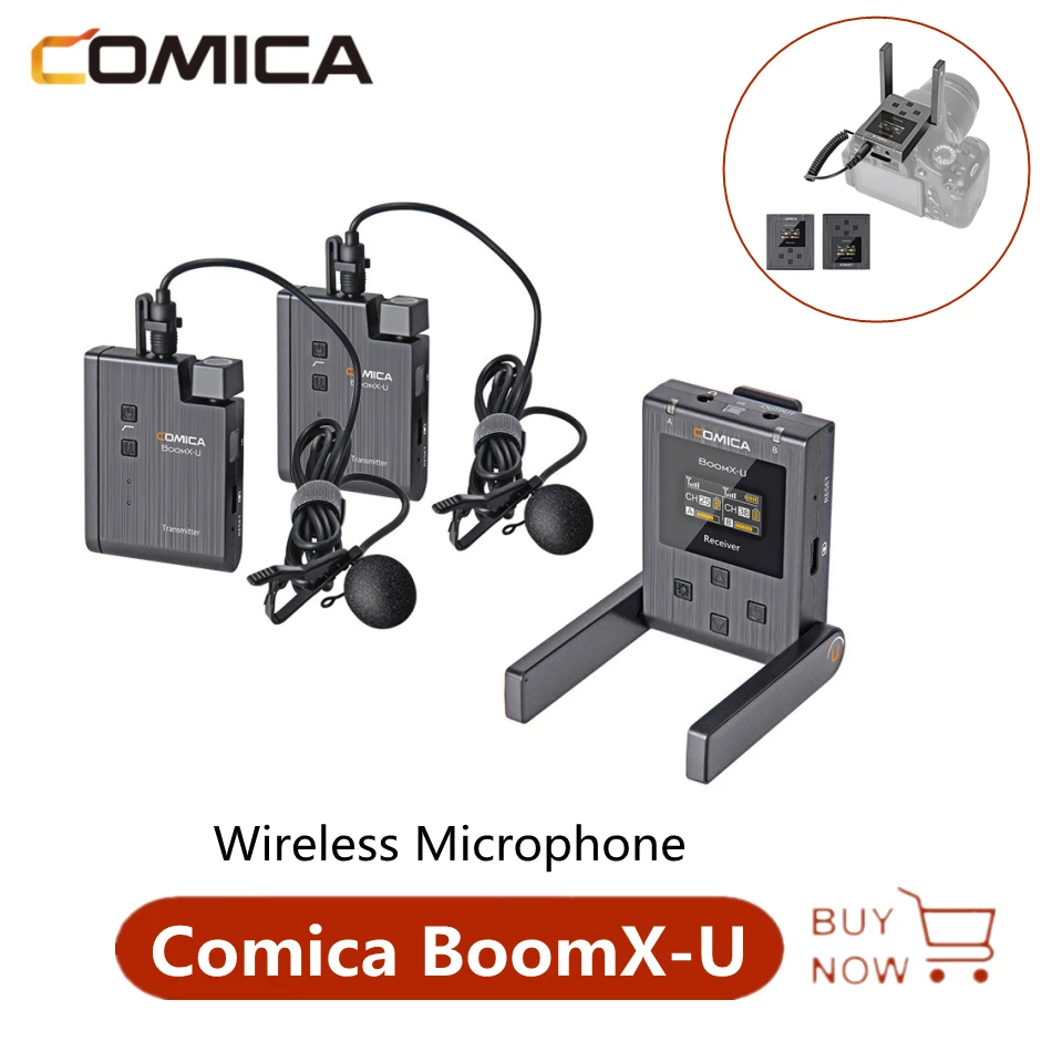 

Comica BoomX-U BoomX U2 Wireless Microphone Broadcast Mini Mic UHF Microphone Transmitters receiver Kit for DSLR Phone Camera