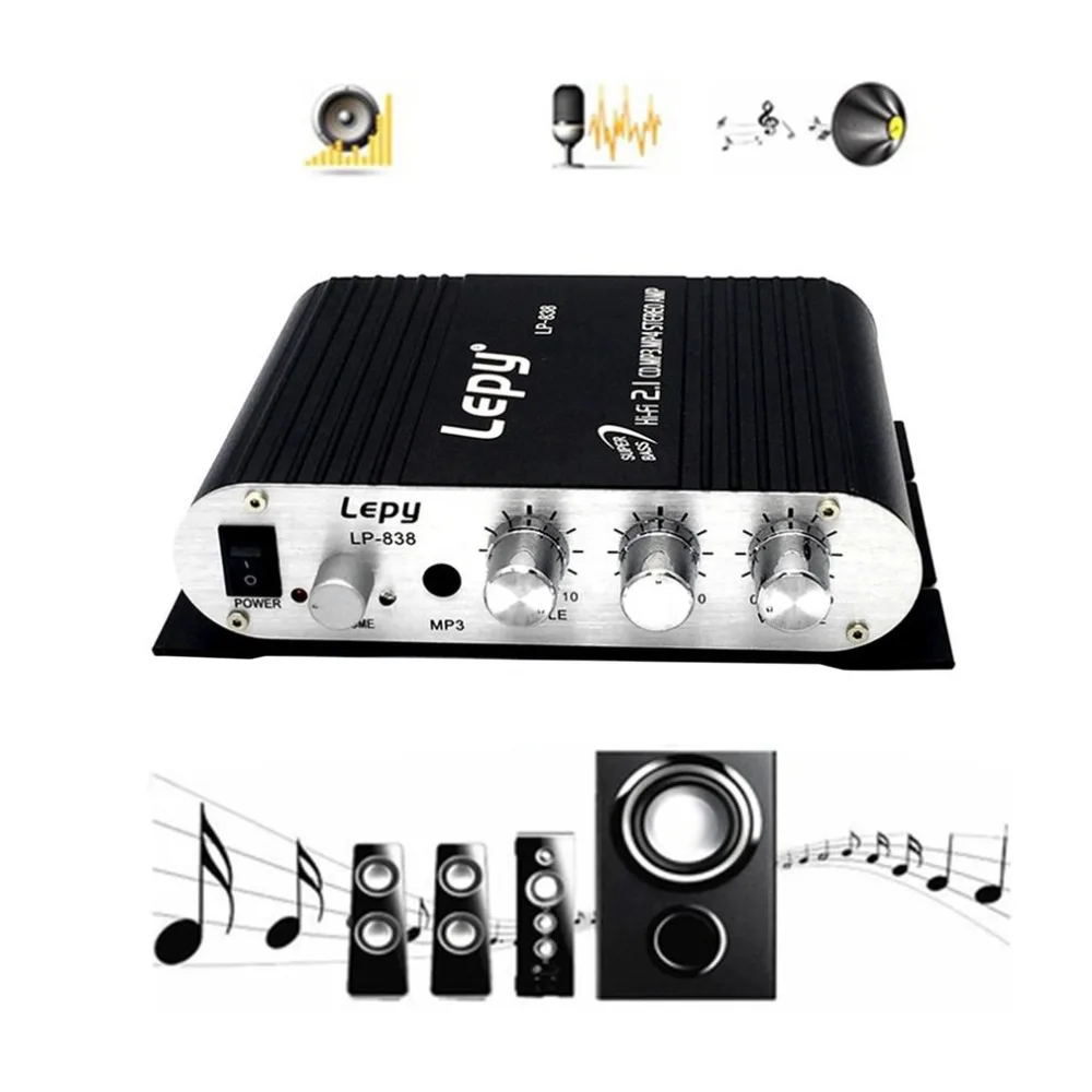 LP-838 портативный усилитель мощности Hi-Fi 2,1 MP3 радио аудио стерео бас усилитель динамиков плеер для дома автомобиля Мотоцикл черный белый