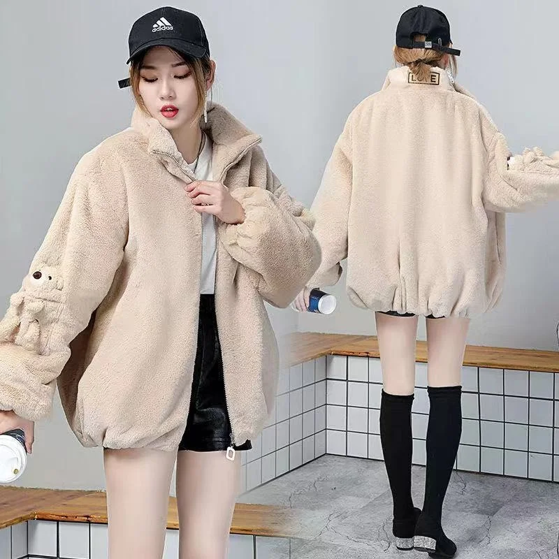

Women's 2021 Autumn Winter Faux Fur Coat Soft Cute Korean Loose Design Long Sleeve Vintage Warm Jackets Parkas Fashion Outerwear