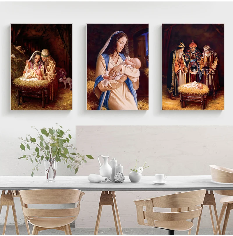 Настенная Картина на холсте с изображением Иисуса и Девы Марии Библия