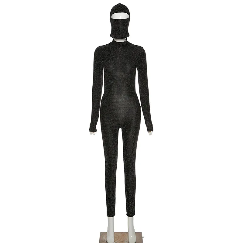 2021 Autumn Bodycon Jump Suits For Women Long Sleeve And Bottom Black Jumpsuit Women High Collar Backless Overalls With Mask Cap