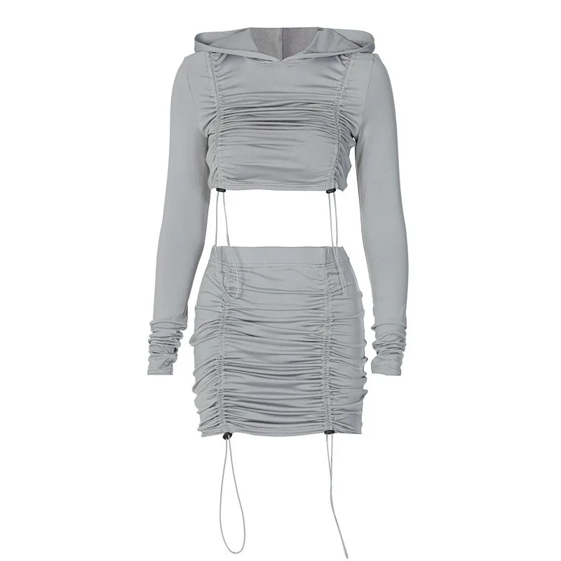 

2020 Autumn Winter Suits Women Tracksuits Drawstring Suit Set Fashion Two Piece Set (Hoodies+Mini Skirt) Solid Bodycon Women Set