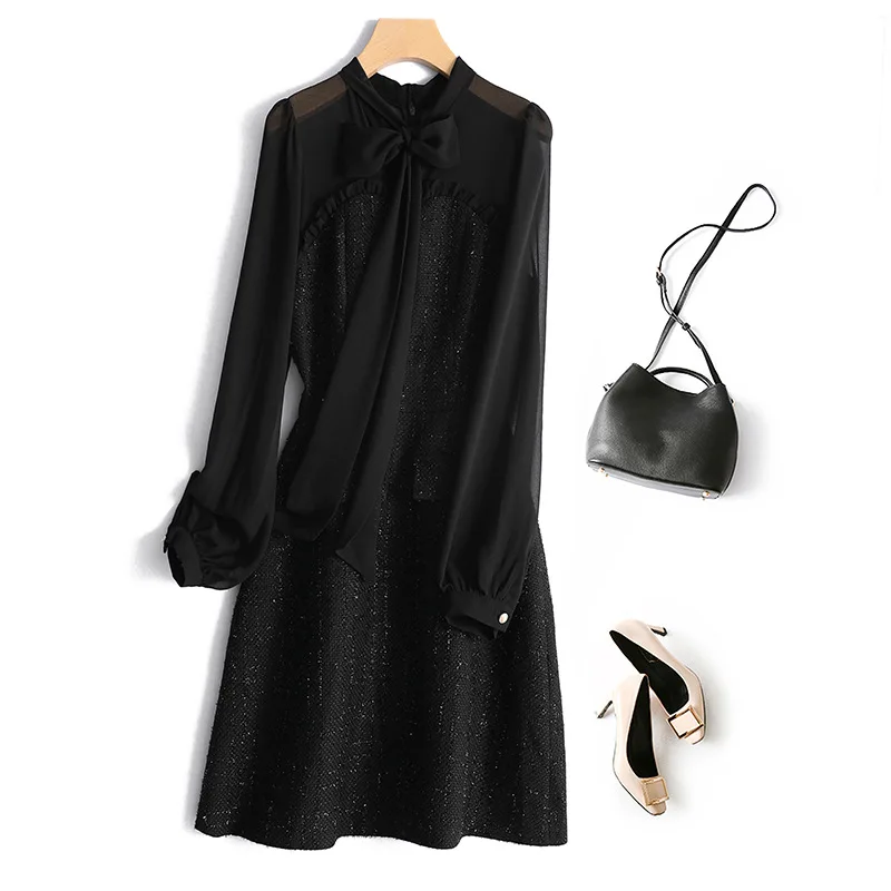 2019 осень зима тонкое шифоновое лоскутное твидовое Платье женское элегантное