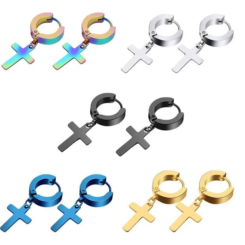 

2pcs NEW Fashion Men's Cross Earrings Vacuum Plated Stainless Steel Titanium Multicolor Women Hip Hop Fashion Earrings Earnails