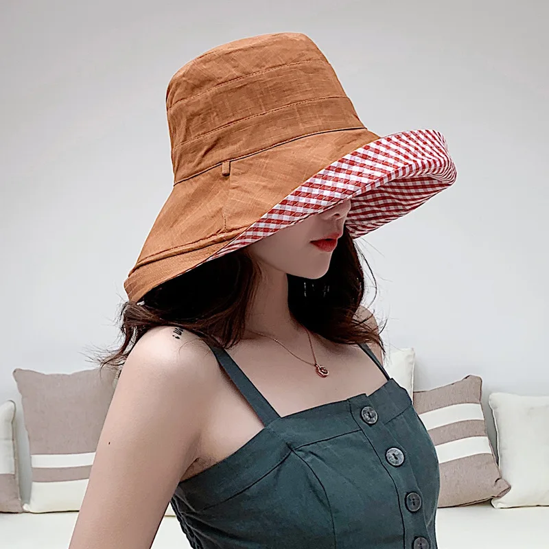 Панама женская двусторонняя из хлопка складная пляжная шапка в клетку с широкими