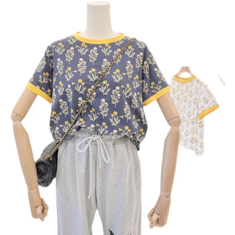

Floral Short Sleeve Casual T Shirt Women's 2021 Summer Sweet Round Neck Loose Shirt Female Slimming Flower Cotton Top