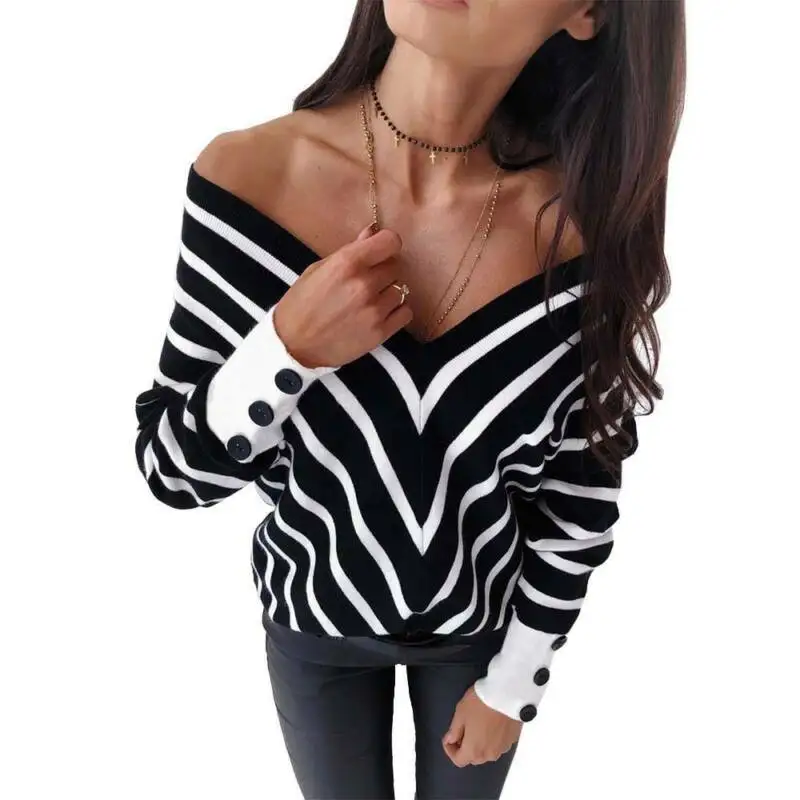 

Women Long Sleeve V Neck Stripe Sweater Casual Baggy Pullover Winter Warm Tops