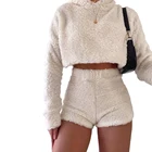 Пижамный комплект женский зимний из двух предметов, теплый мягкий худи с длинным рукавом, бархатная одежда для сна, однотонный меховой цвет, топ и шорты, 2020
