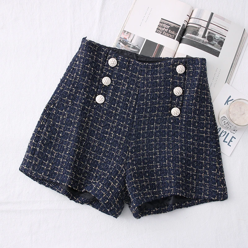 

High Waist Shorts Waist Tweed Women's Shorts Loose Buttons Shorts Women High Waist Summer Women's Clothing Shorts Female