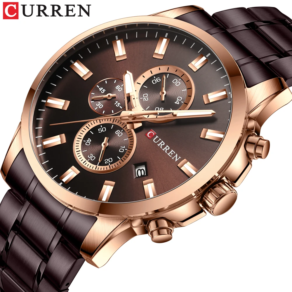 

CURREN Creative Brown Men's Sport Watch 3 Dial Analog Quartz Date Multifunction Stainless Steel Strap Military Wristwatch Clock