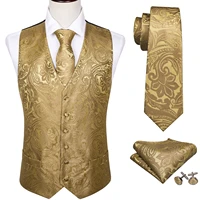 4pc gold men waistcoat vest party wedding handkerchief tie classic paisley floral jacquard pocket square tie suit set barry wang