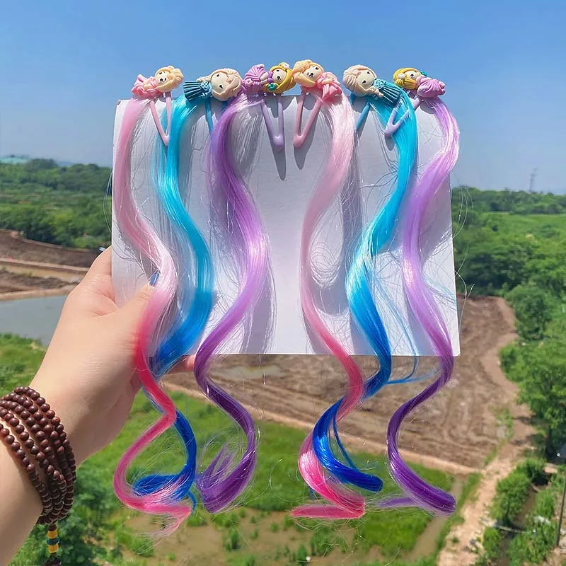 

1 Pair Girls Cute Cartoon Princess Gradient Wig Hairpins Kids Ponytail Long Curly Hair Holder Hair Clip Fashion Hair Accessories