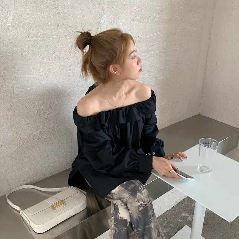 

WICCON Autumn Korean Style Hot One Shoulder Women Blouse Solid Ruffle Gentle Sweet Long Sleeves All Match Female Shirts