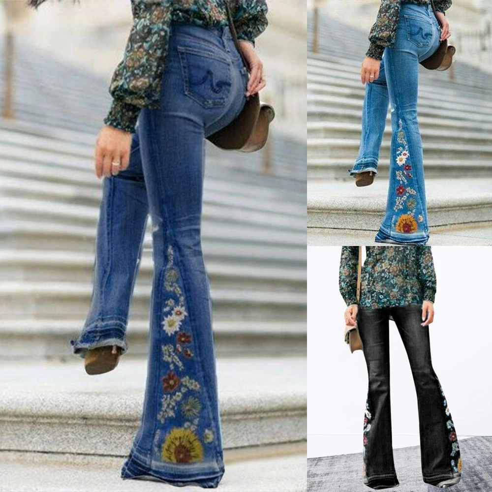 Фото 2019 джинсы с вышивкой узкие брюки высокой талией широкие Осенняя уличная одежда