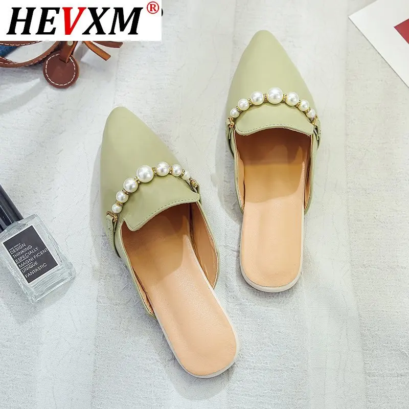 

Women Slippers Casual Mid Heels Shoes 2021 Spring Summer PU Leather Pointed Shoes Women new Soft Designer Slippers Zapatos Mujer