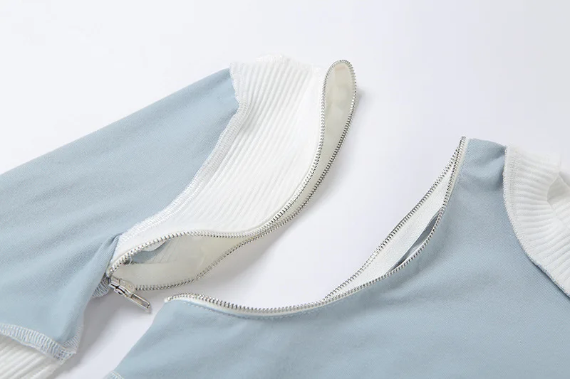 

Casual Contrast Color Patchwork Zipper Knit Pullover Shirt Detachable Long Sleeve Women Slim Fitness Crop Jumper Top Fall Tops