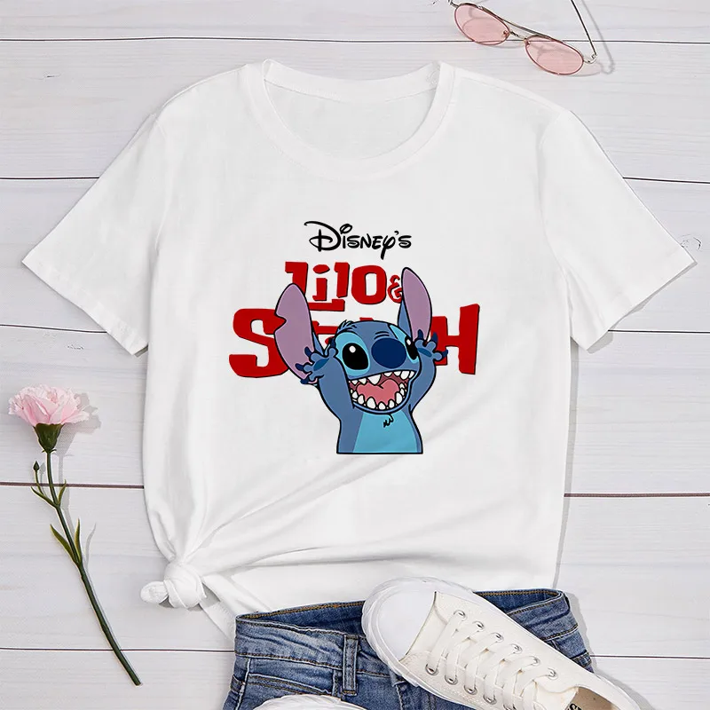

Kawaii Disney Lilo Stitch Printed T-shirts Women Summer Funny White T Shirt Girl Harajuku 90s Loose Short Sleeve Female Clothing