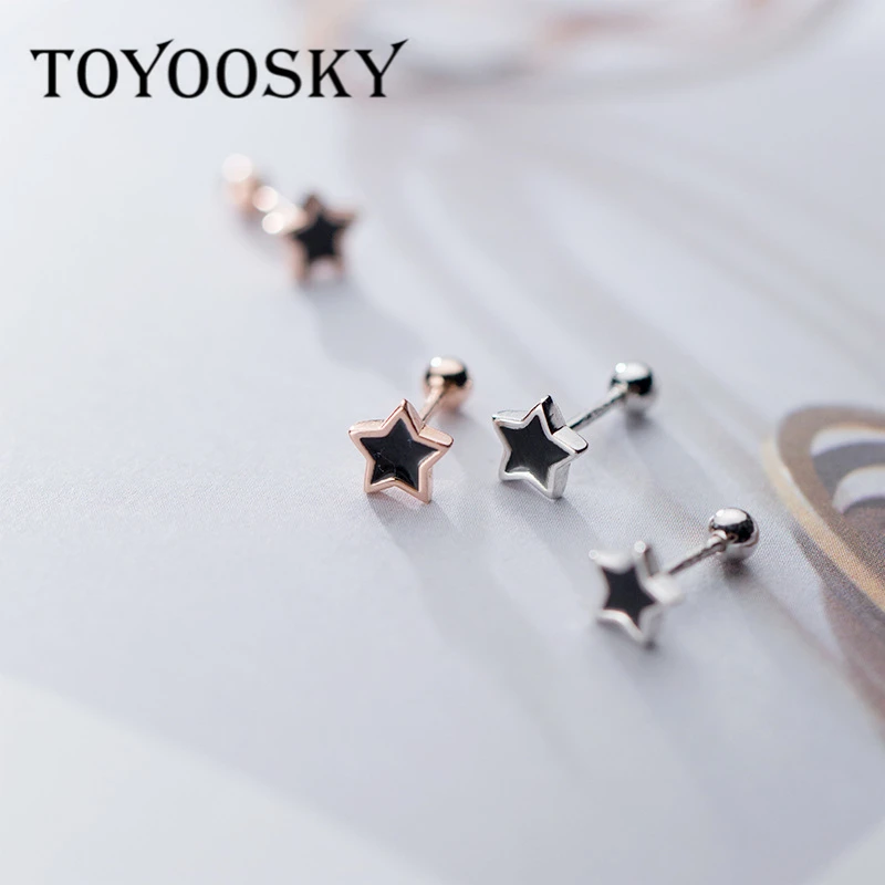 Популярные серьги-гвоздики с черной эмалью мини-звезды серебро 925 пробы