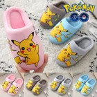 Зимние тапочки с покемоном Пикачу, детские меховые тапочки для маленьких девочек и мальчиков, хлопковые домашние тапочки, теплые пушистые домашние тапочки для детей