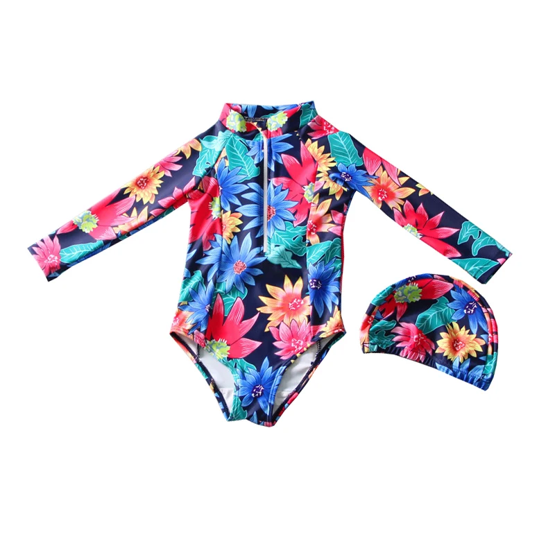 Детский слитный купальник с длинным рукавом и цветочным принтом|Комбинезоны| |