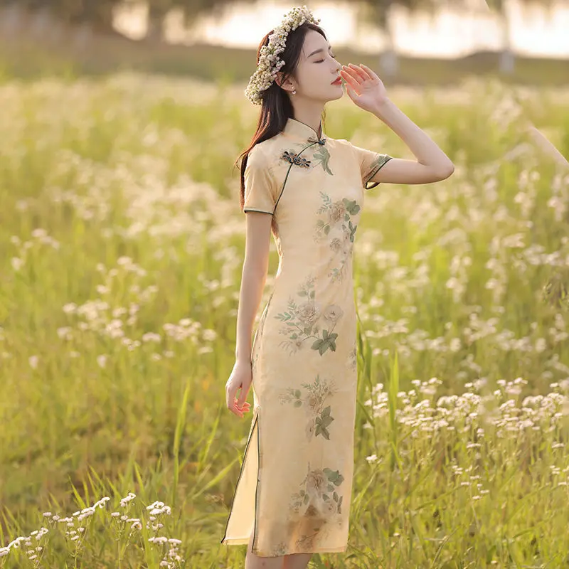 Floral Qipao Women's Traditional Chinese Cheongsam Dresses Vestido Printing Stand Collar Short Sleeve Elegant Retro Plus Size
