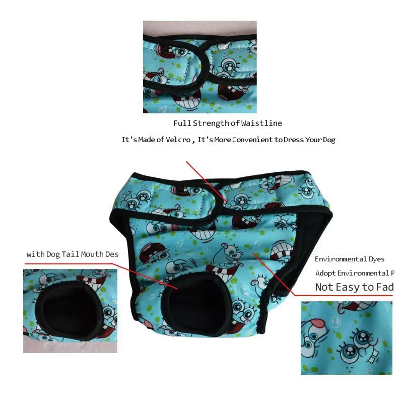 

Dog Diaper Physiological Pants Cartoon Print Pet Diaper Pants Washable Bitch Dog Shorts Underwear Velcro Design Puppy Briefs