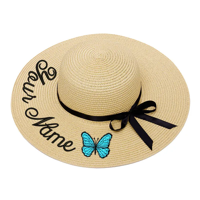 

Embroidery Personalized Custom Text Your Name Logo Women Sun Hat Large Brim Straw Hat Outdoor Beach hat Butterfly Cap Dropship