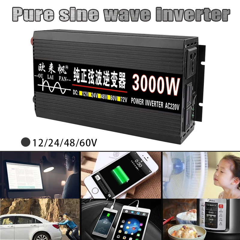 

Pure Sine Wave Inverter DC 12V 24V 48V 60V To AC 220V Voltage Converter 3000W Power Wave Car Solar Energy Inverter