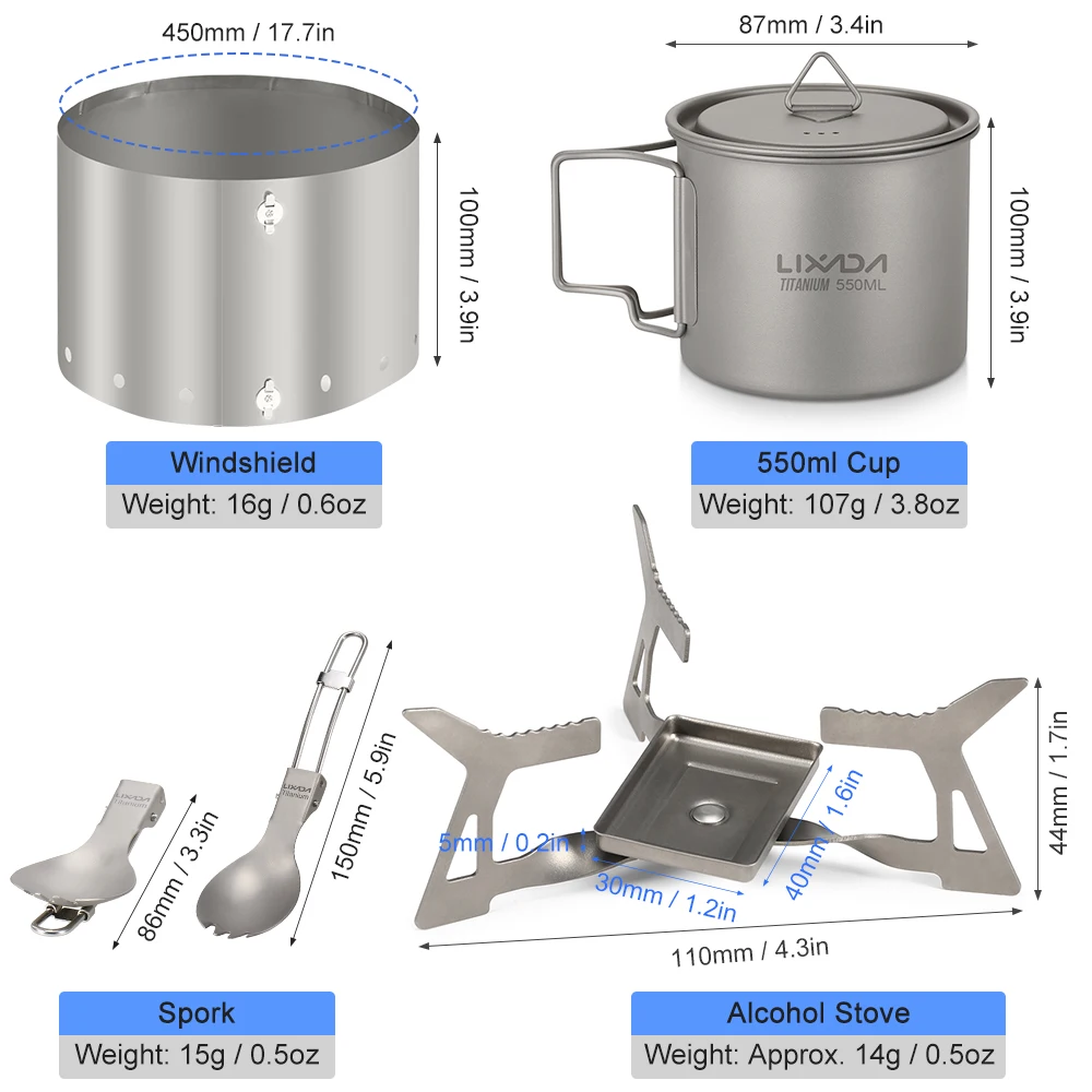 Lixada 4 шт. набор посуды для кемпинга из титана с 550 мл кружка воды складная