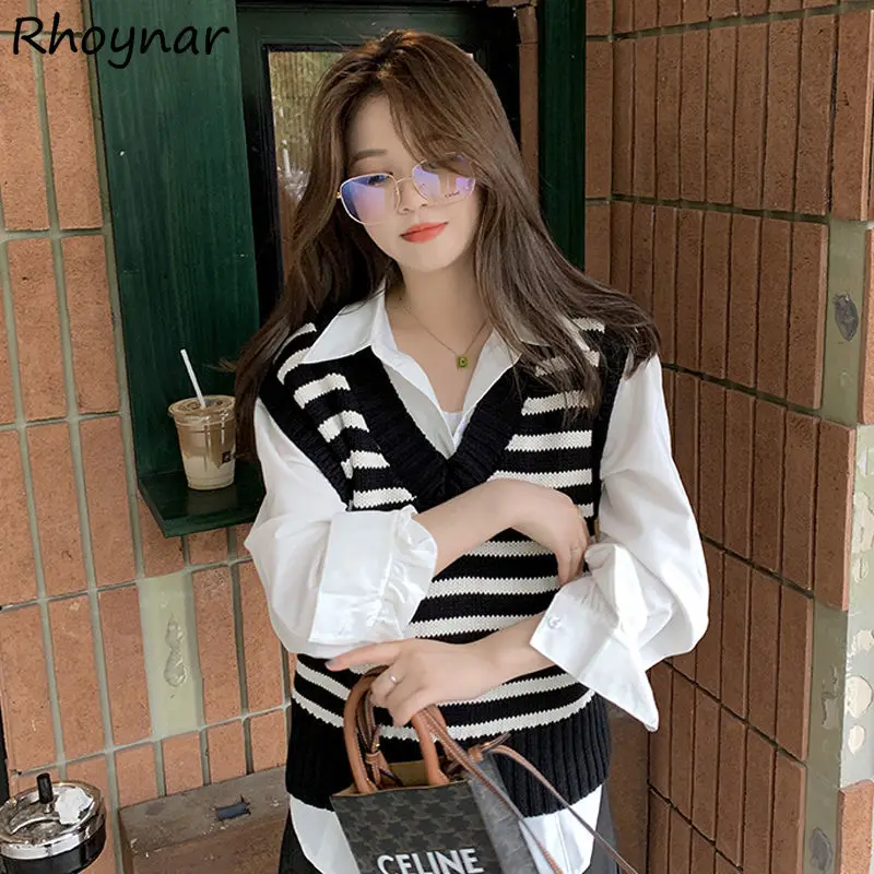 

Sweater Vest Women Striped All Match Office Autumn Knitted New Arrive Loose Ulzzang Female V-neck Fashion Temperament Preppy Ins