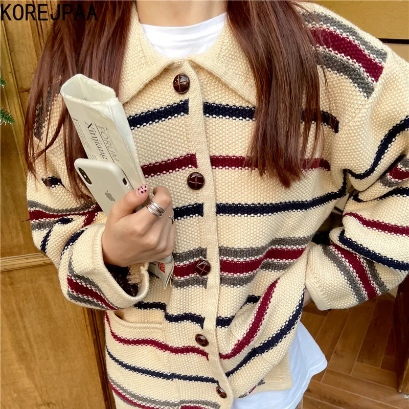 

Корейские повседневные кардиганы в полоску, Новинка осени 2021, женский свитер в японском стиле с длинным рукавом и отложным воротником, трик...