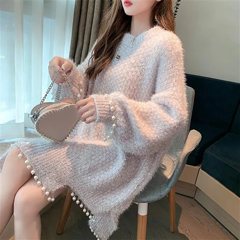 Simple Sweater Women's Lazy Wind Autumn And Winter Korean Version Of Joker Loose Wear Medium And Long Sweater Fashion