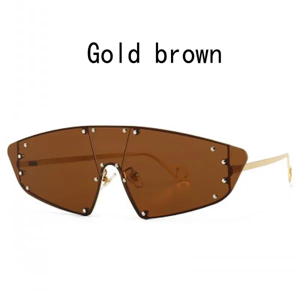 Gold brown JASPEER, модные солнцезащитные очки Rihanna, женские, Ретро стиль, зеркальные, мужские, оттенки, без оправы, очки, люксовый бренд, металлические заклепки, тренд, женские очки - Цвет линз: Gold brown