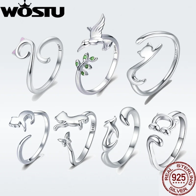 WOSTU Настоящее 925 пробы, серебряные Регулируемые кольца с милым котом для женщин, праздничная бижутерия с кольцами, подарок DXR341