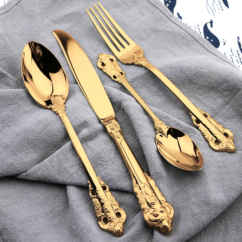 24pcs Vintage Stainless steel gold-plated Cutlery Dining Knives Forks Teaspoons Set Luxury Dinnerware Engraving Tableware Set