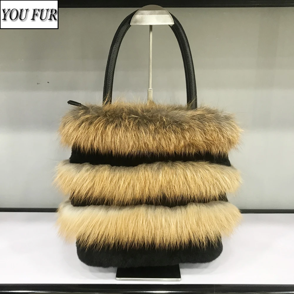 

Lady Luxurious Real Fur Handbag Women Winter Fluffy Natural Fox Fur Handbags Hot Sale Fashion Girls Genuine Rex Rabbit Fur Bags