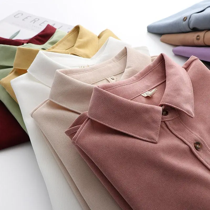 

New Women's Corduroy Shirt Spring Autumn Vintage Loose Turn Down Collar Long Sleeve Button-Down Shirt For Female Yellow Blue