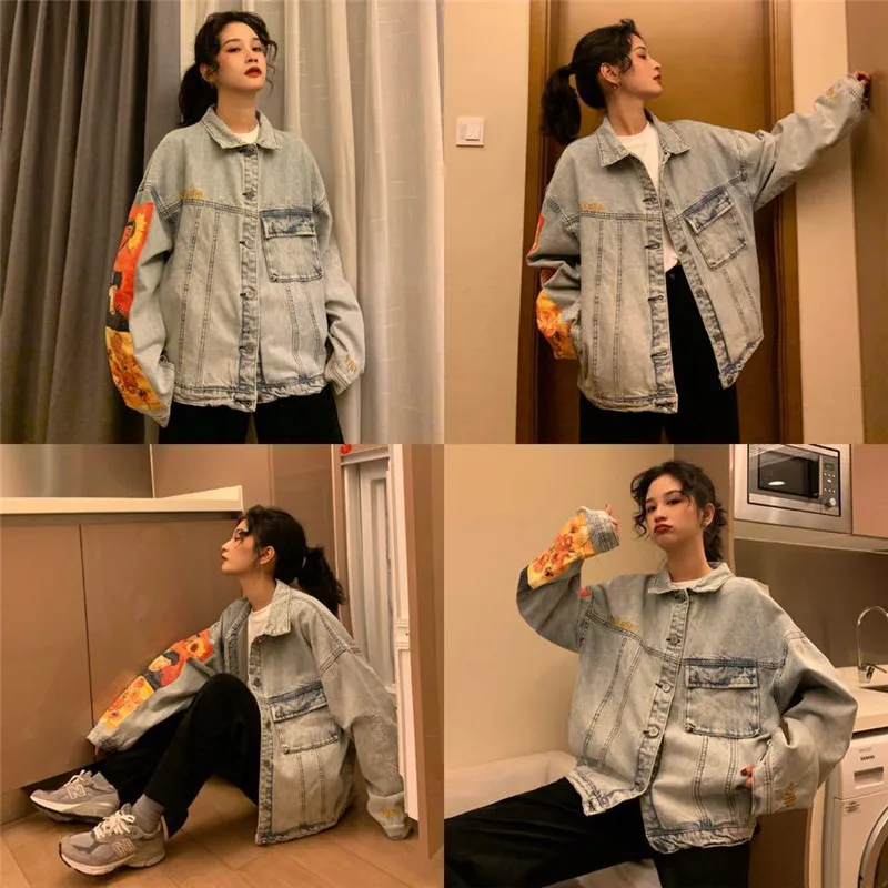 Длинная джинсовая куртка с мультяшным принтом Женская шикарная уличная одежда в