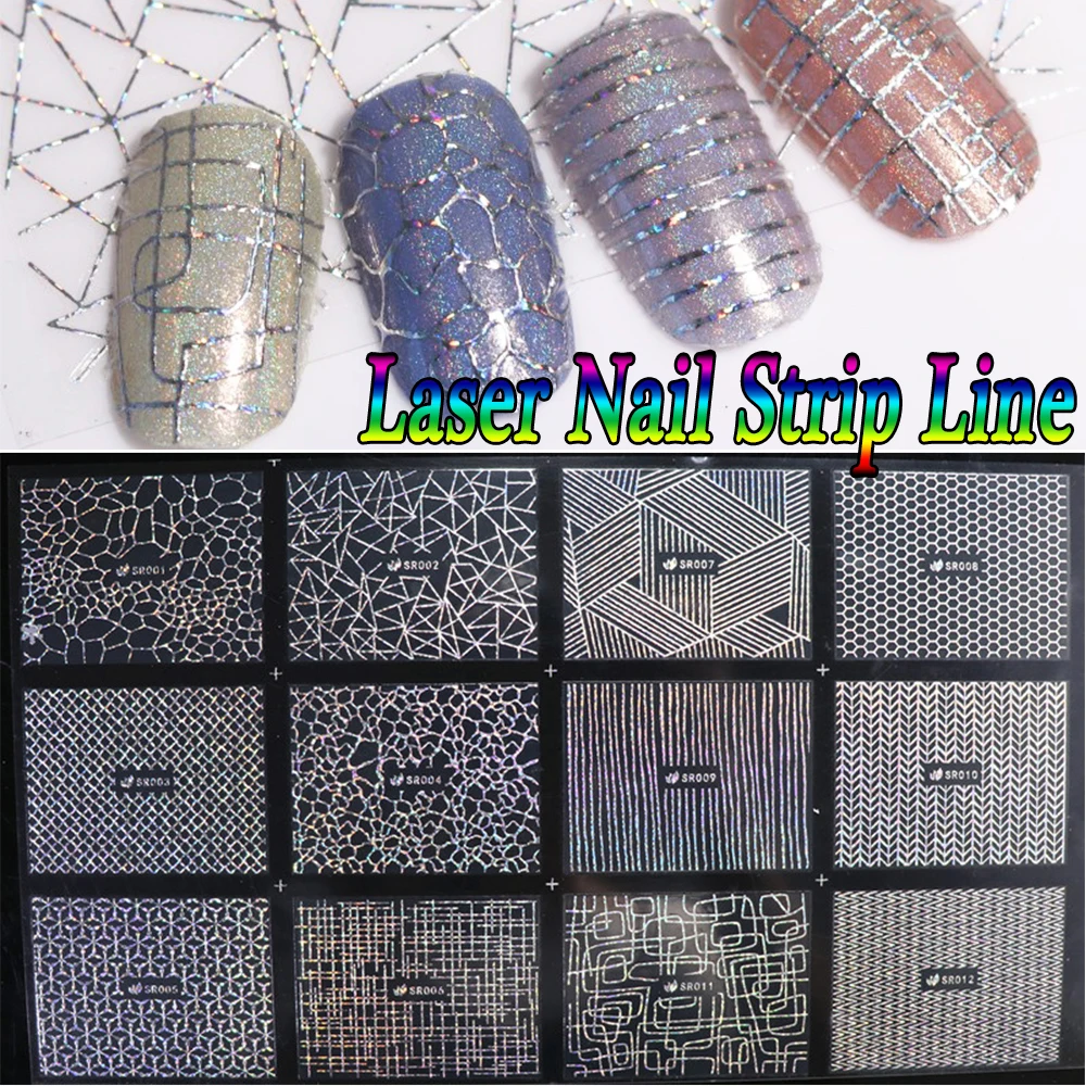 12 шт. лазерная наклейка для ногтей полоса 3D стиль фольга металлический дизайн