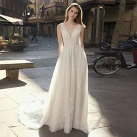 luxury sleeveless wedding dress 2021 new arrival deep v neck backless chiffon bride gown lace applique tailor made sweep train