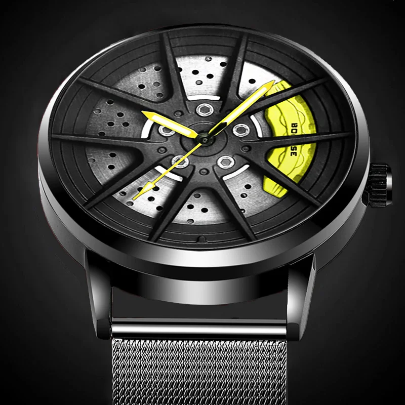 

Fashion Mens Car Wheel Watches Luxury Stainless Steel Mesh Belt Quartz Wrist Watch Men Sport Wheel Hub Watch relogio masculino