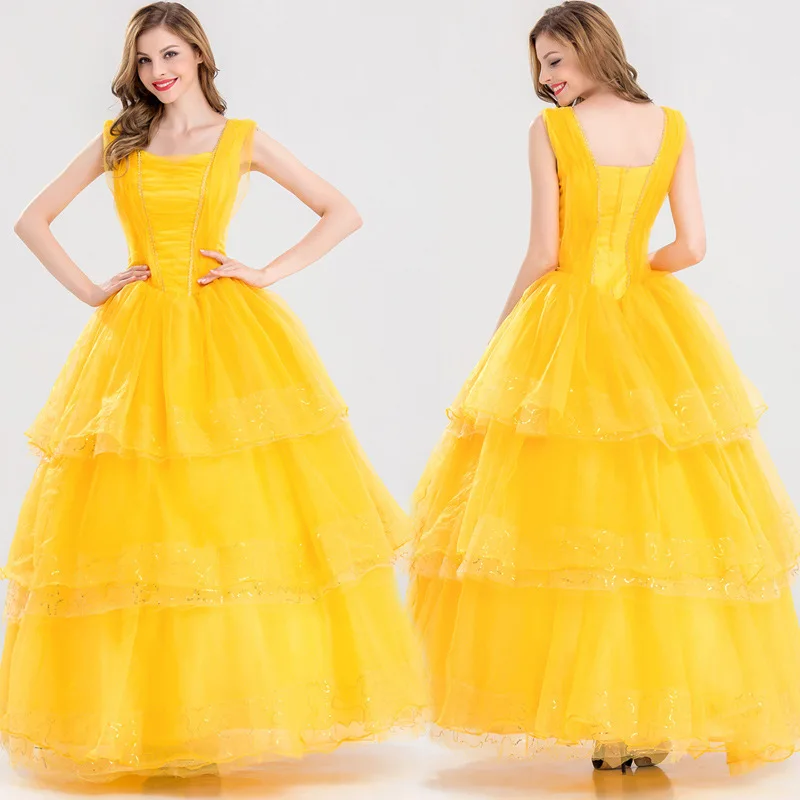 

Adult Princess Belle Costume Beauty and the Beast Cosplay Women Dresses Fancy Ball Gown Yellow Tiered Skirt Halloween party
