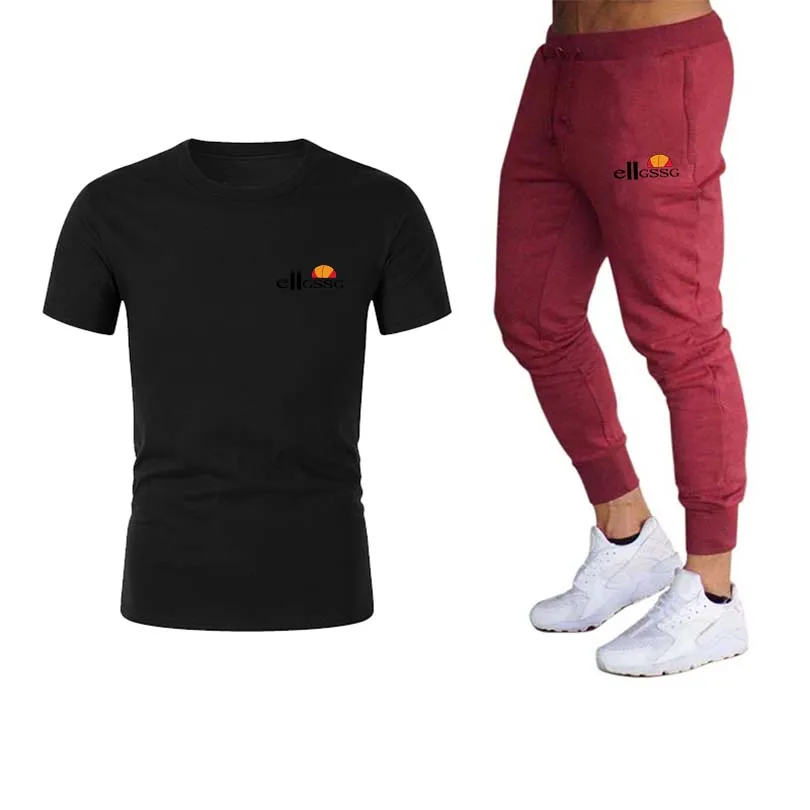 

Summer men's sports suit solid printing T-shirt tie rope cotton trousers two-piece version slim simple sports men's clothing