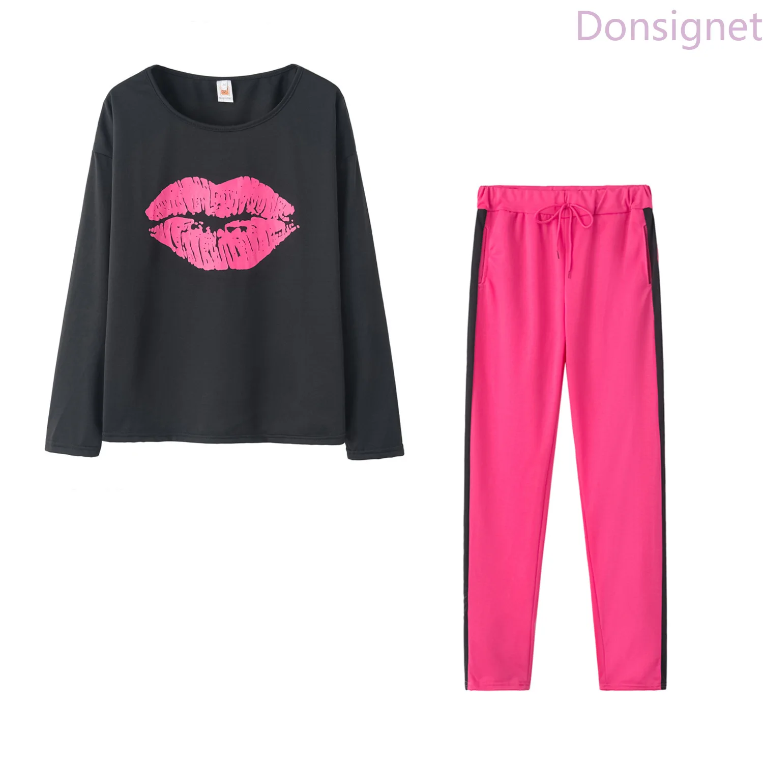 

Donsignet Women's Suit New Fashion Summer Temperament Round Neck Pullover Pure Color Lip Printing Slim Sports 2-piece Suit