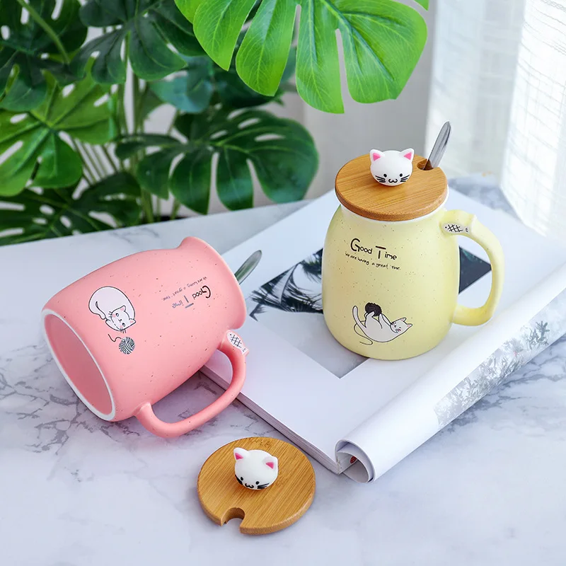 Термостойкая керамическая кружка с деревянная крышка и ложка милый дизайн котом