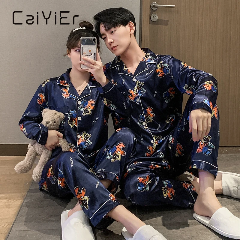 CAIYIER Autumn Winter Cute Print Silk Pajama Set Loose Men And Women Nightwear Long Sleeve Long Pants Sleepwear Loungewear M-3XL