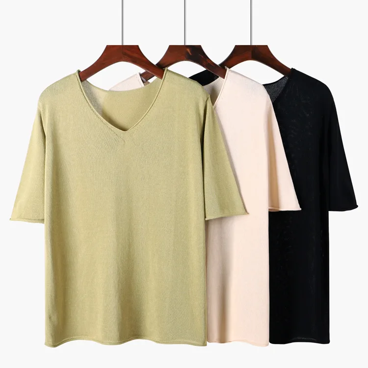 2020 summer new linen knitwear V-neck curling solid color Korean loose T-shirt women's top