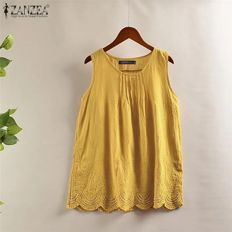 

2022 Summer Casual Tank Tops ZANZEA Women Solid Sleeveless Hollow Lace Cotton Bohemian Blouse Shirt Female Blusa Tunic