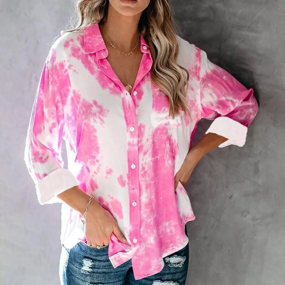 

Fashion Autumn Women Oversize Women's T-shirt Long Sleeve Turn Down Collar Pocket Tie Dye Office Shirt Blouse