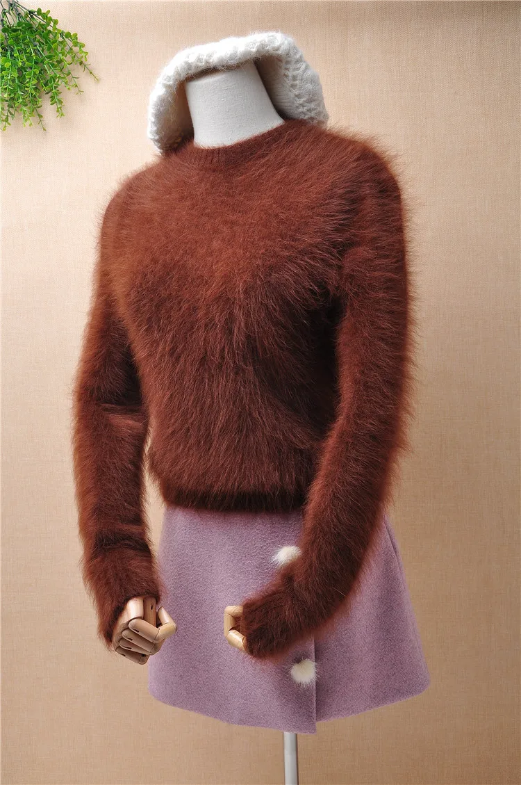 ladies women fashion hairy fluffy mink cashmere o-neck slim bottoming pullover angora rabbit fur knitted winter jumper sweater | Женская